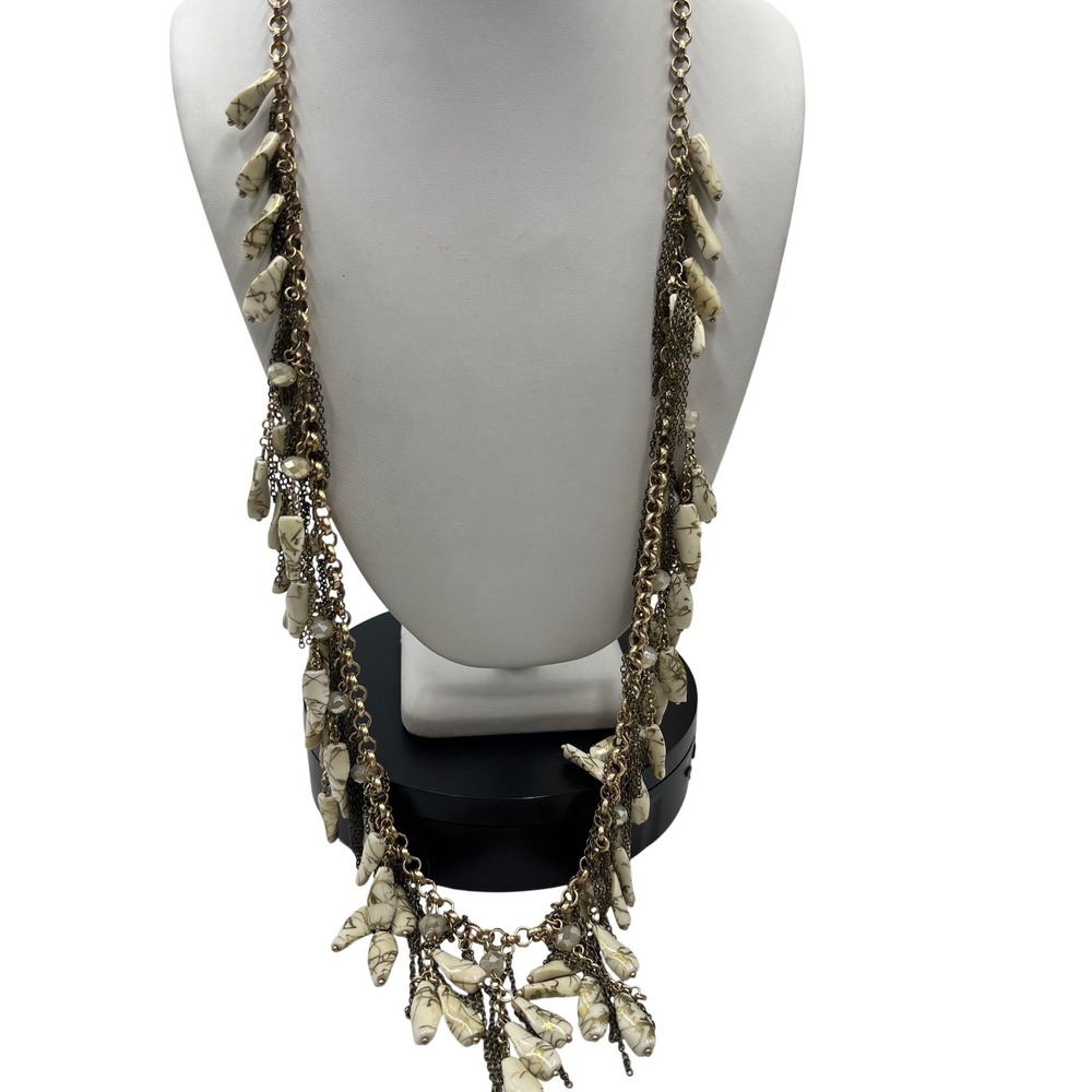 Anthropologie Aglauros Cream Gold Beaded Fringe Boho Long Necklace